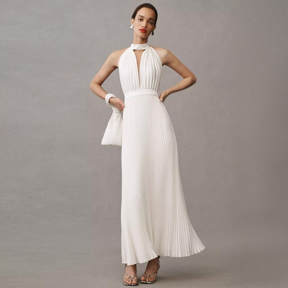 L'IDÉE Chateau Halter Front-Cutout Pleated Midi Dress